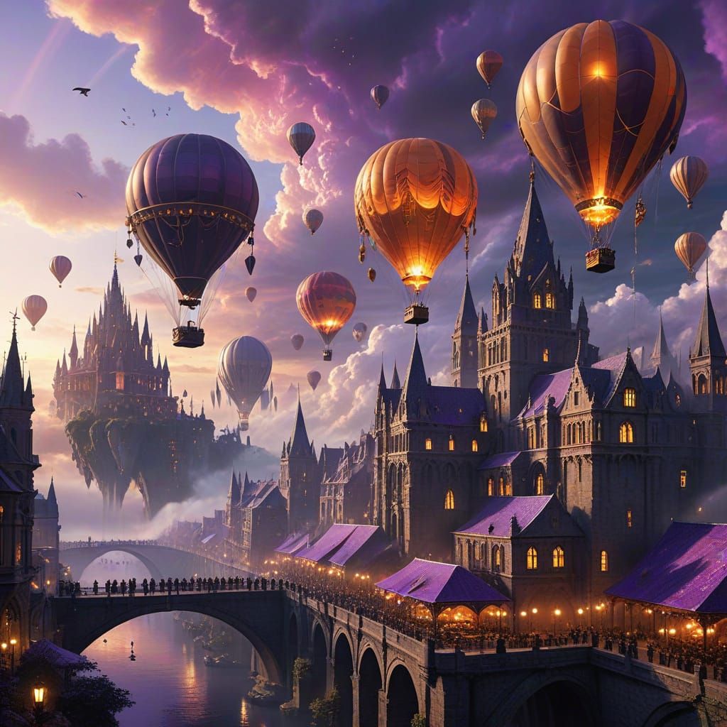 "A breathtaking, grand cityscape in a high-fantasy setting, where magnificent structures of stone and crystal float effortlessly above a sea...