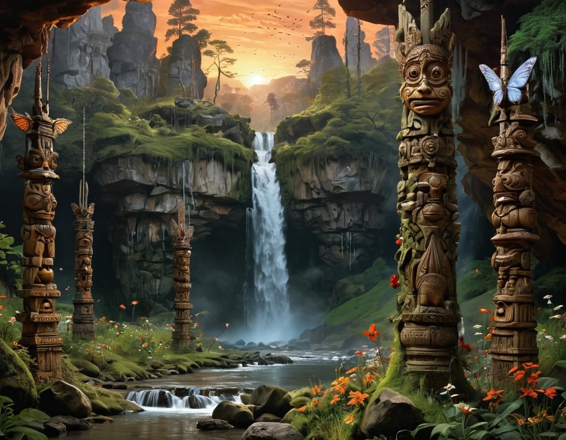 the most gorgeous and epic waterfall of all the world , tall and multiple falls, piercing sun and sparkling water sunset in the horizon , na...