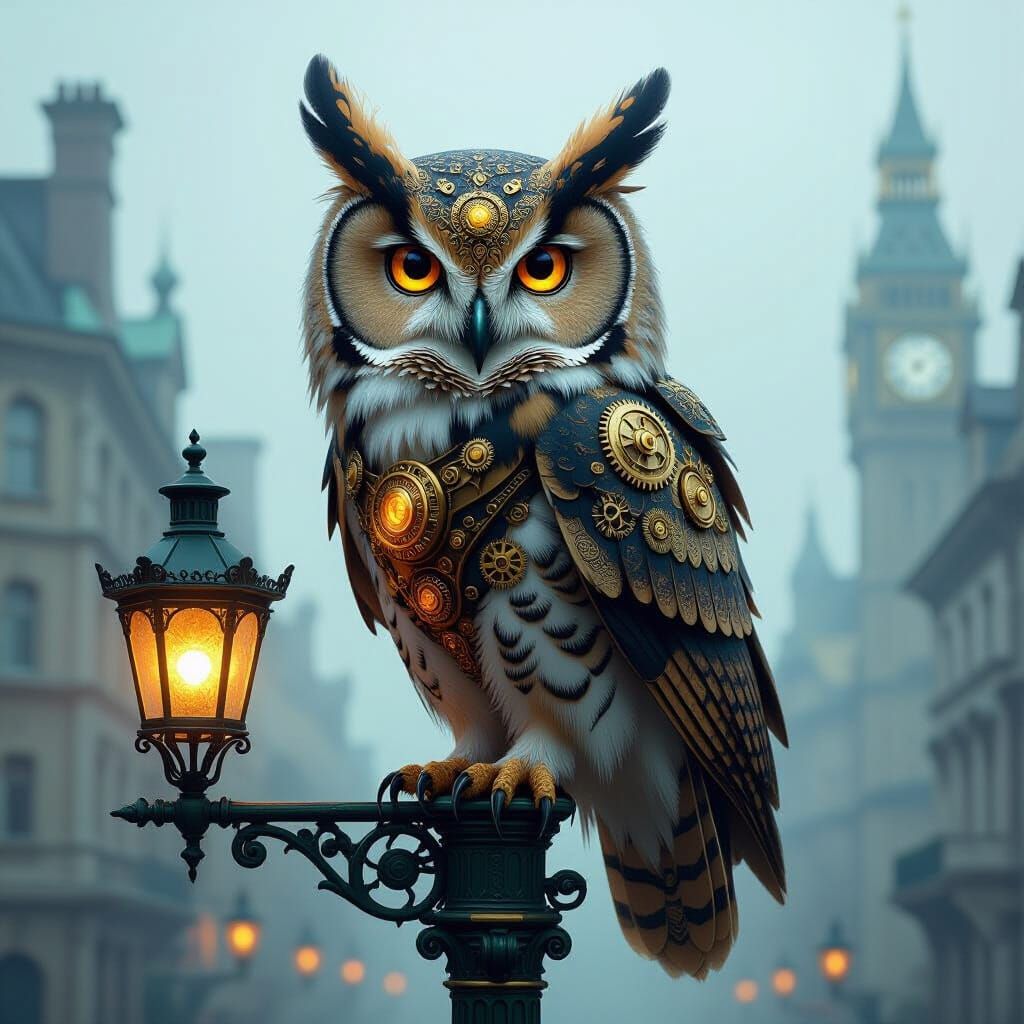 A majestic steampunk owl with intricate brass gears and glowing amber eyes, perched on a Victorian-era lamppost in a foggy, gaslit city. Int...