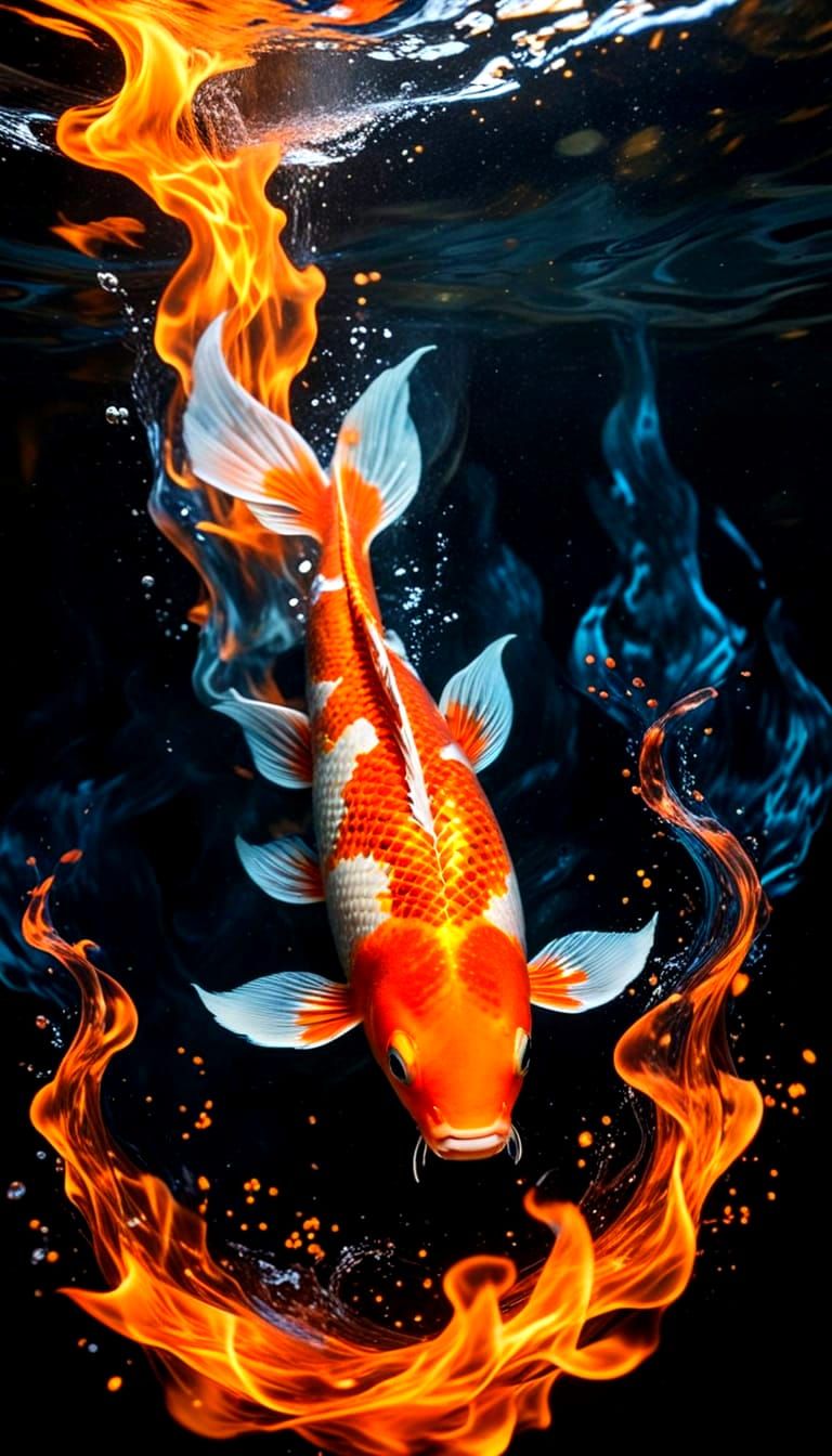 Ethereal koi swimming through flames.  by @JPK