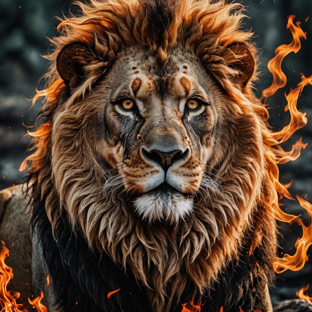 Hyperrealistic Lion with Fiery Mane