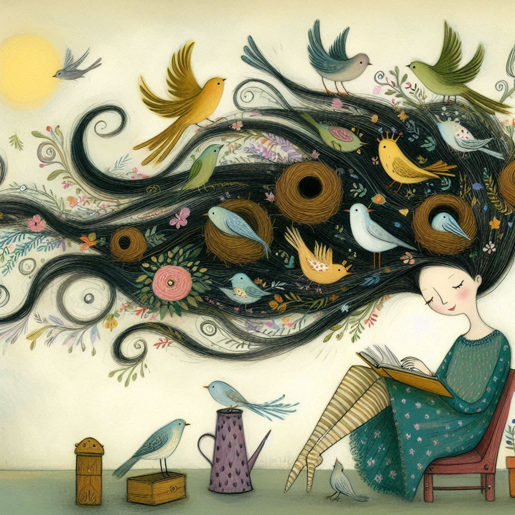 the birds build nests in her hair