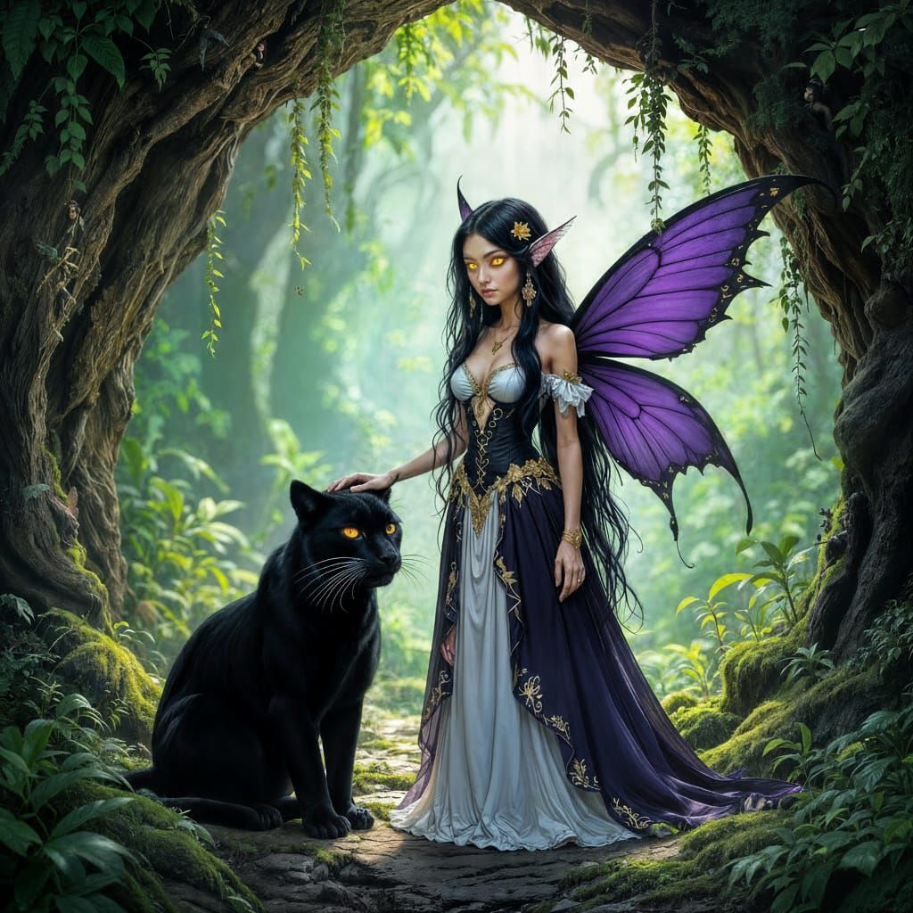 Stunning and beautiful fairy with cat like eyes and very long black hair has deep purple wings trimmed in black. The flowery gold trim on he...