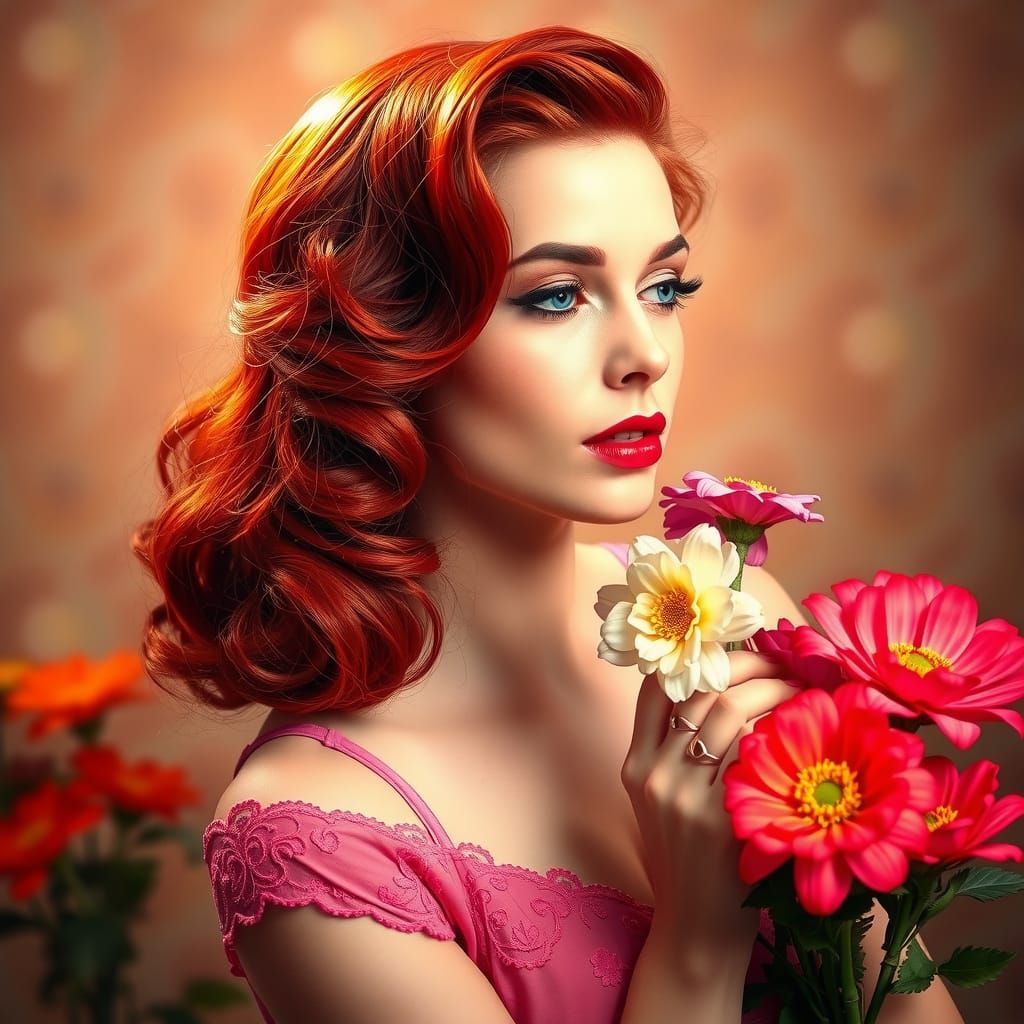 Vintage Pin Up Beauty in Red Hair and Pink Lace