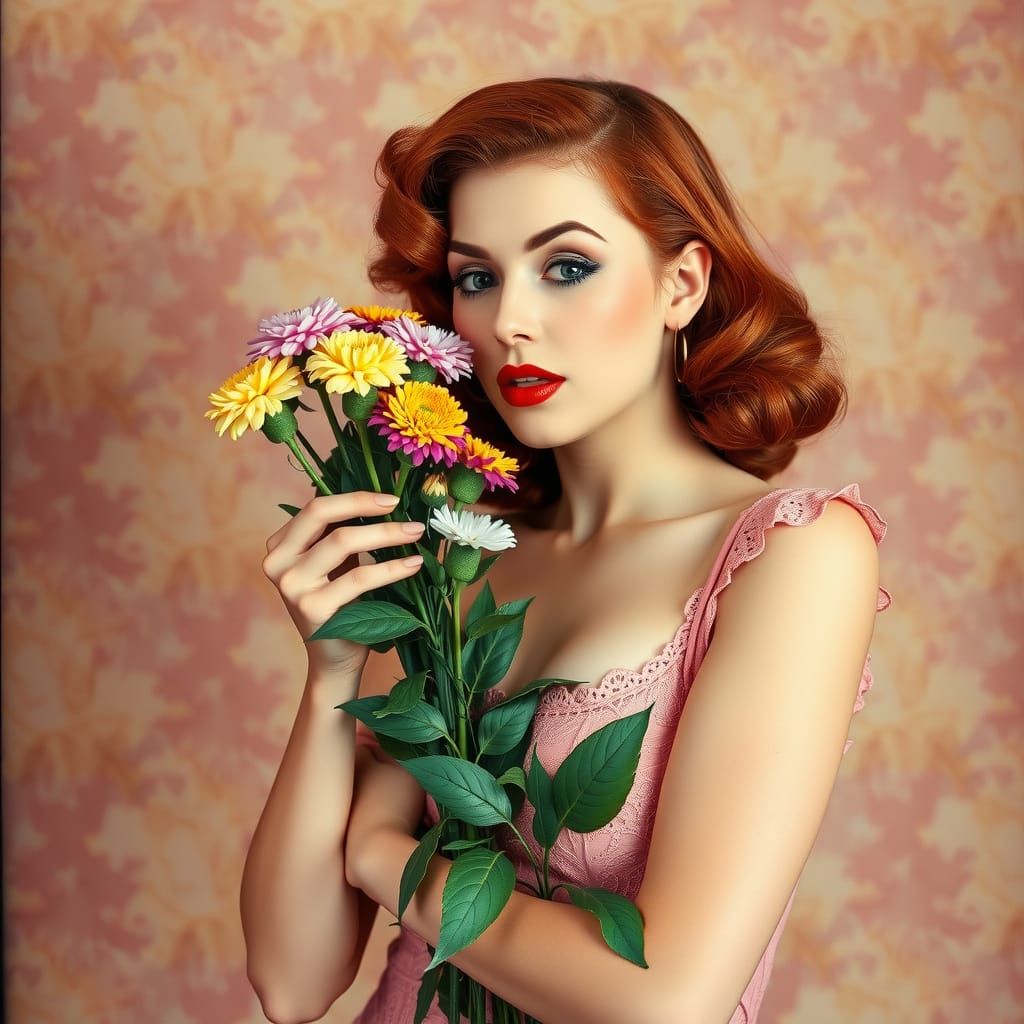 Vintage Pin-Up Beauty Smells Roses in Lace Teddy