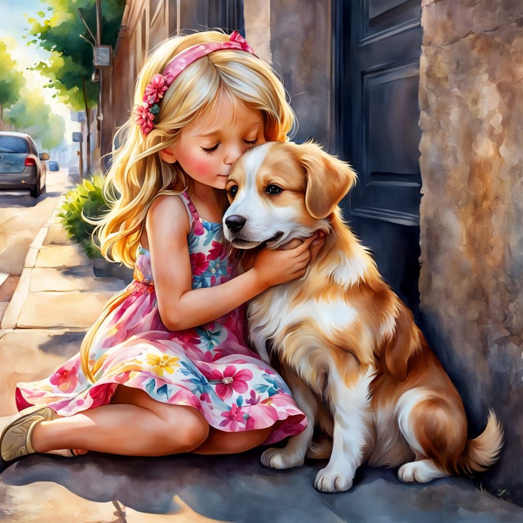 Little Girl Hugs Her Loyal Dog in Vibrant Watercolor