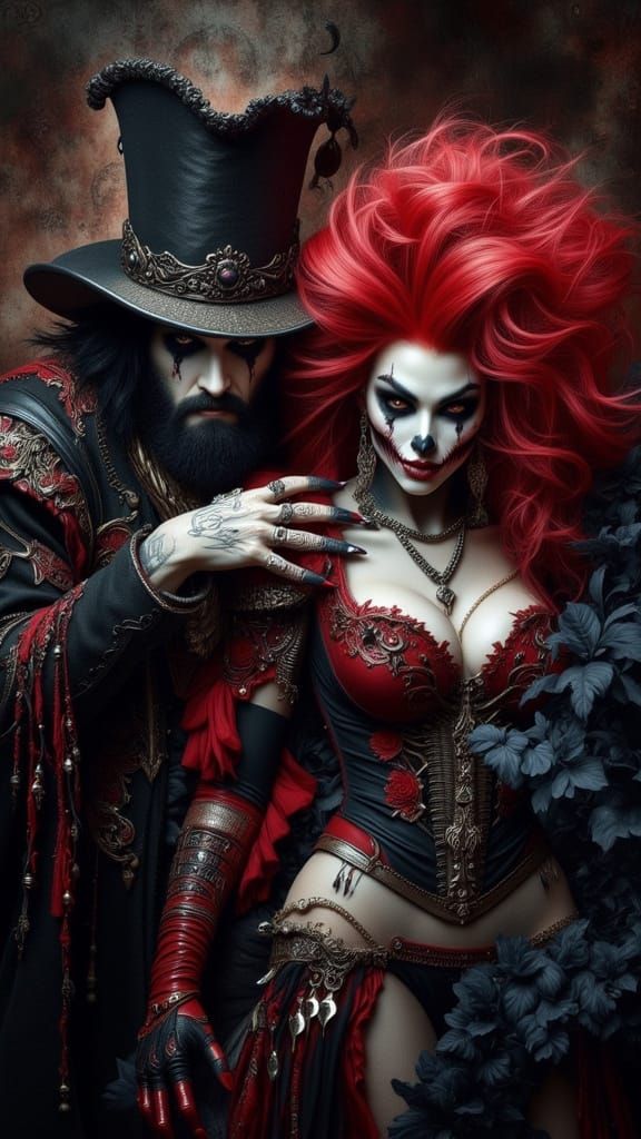 <lora:FiosArcaneCards:1.0> <lora:double exposure of:1.0> <lora:Double Photoreal v2:1.0>  A close-up of Evil Ernie and Lady Death (Chaos comi...