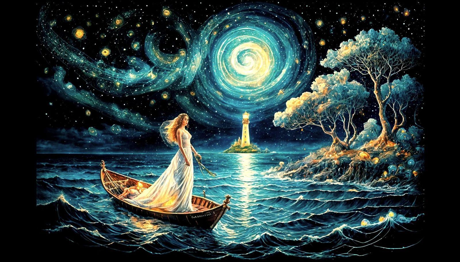 Bride Floating on Sea in Watercolor Style