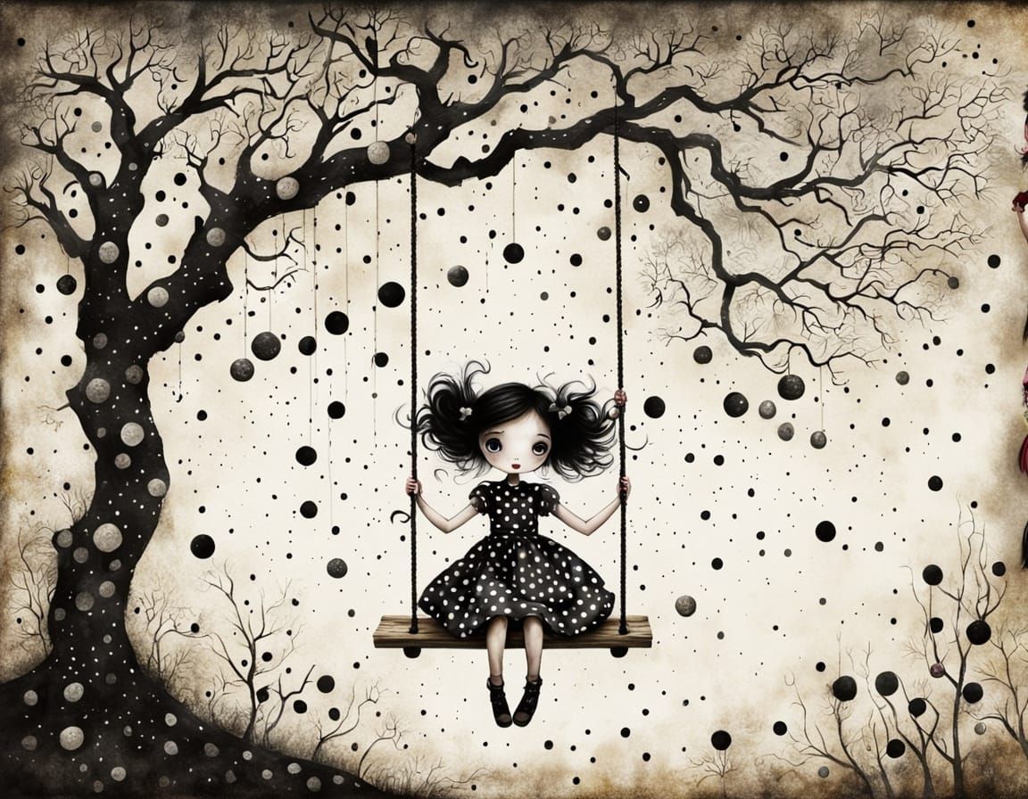 the captivating sinister polkadot little girl wearing a polkadot dress and pigtails, swinging on a swing ...  by @Summerchild