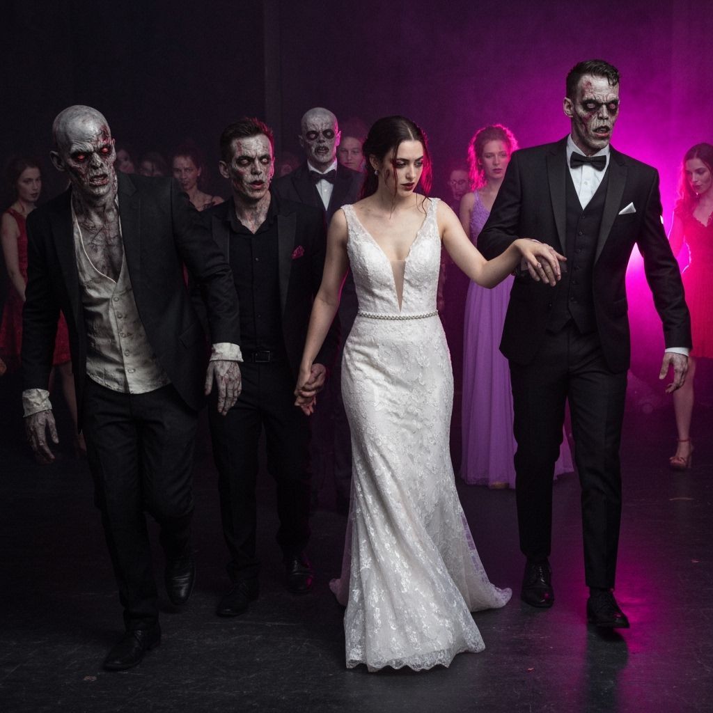 Zombies and others of the undead, dancing at the prom, vibrant