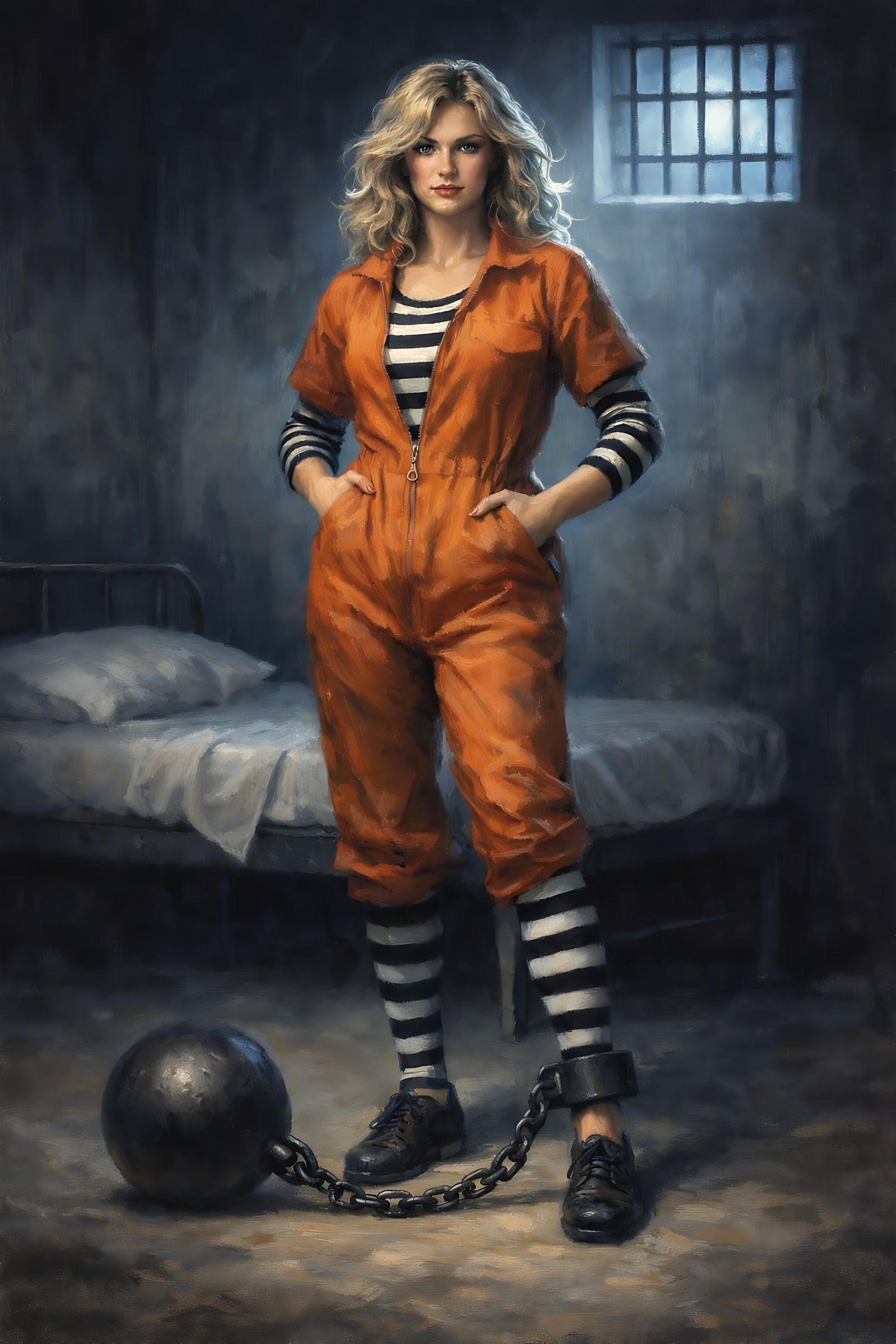 Oil on canvas painting of a female prisoner in her cell with her leg attached to metallic ball, no. 2