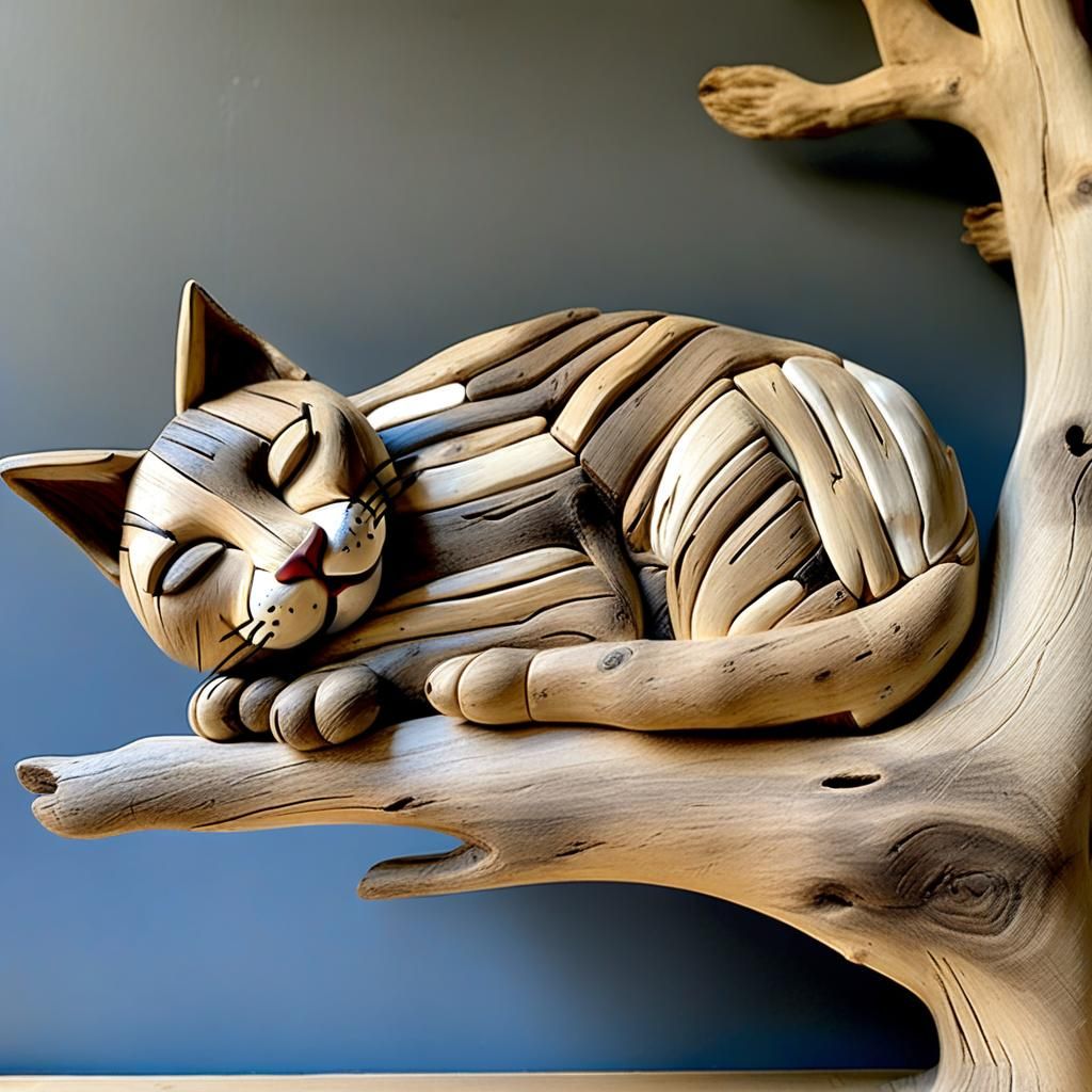 Driftwood cat snoozes in a tree.