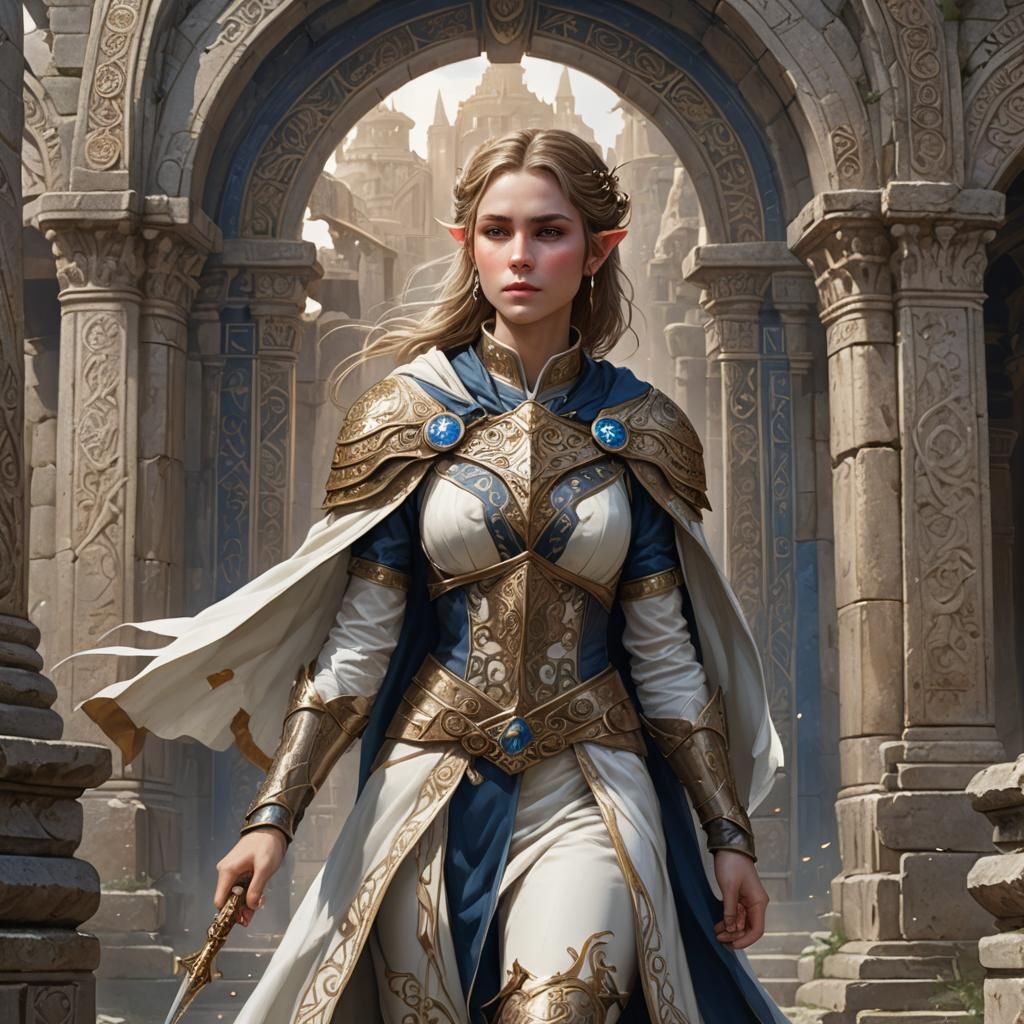 A beautiful female elf Light Domain priest with dark blonde hair in fluttering bangs and a tight bun stands in the midst of a temple ruin. S...
