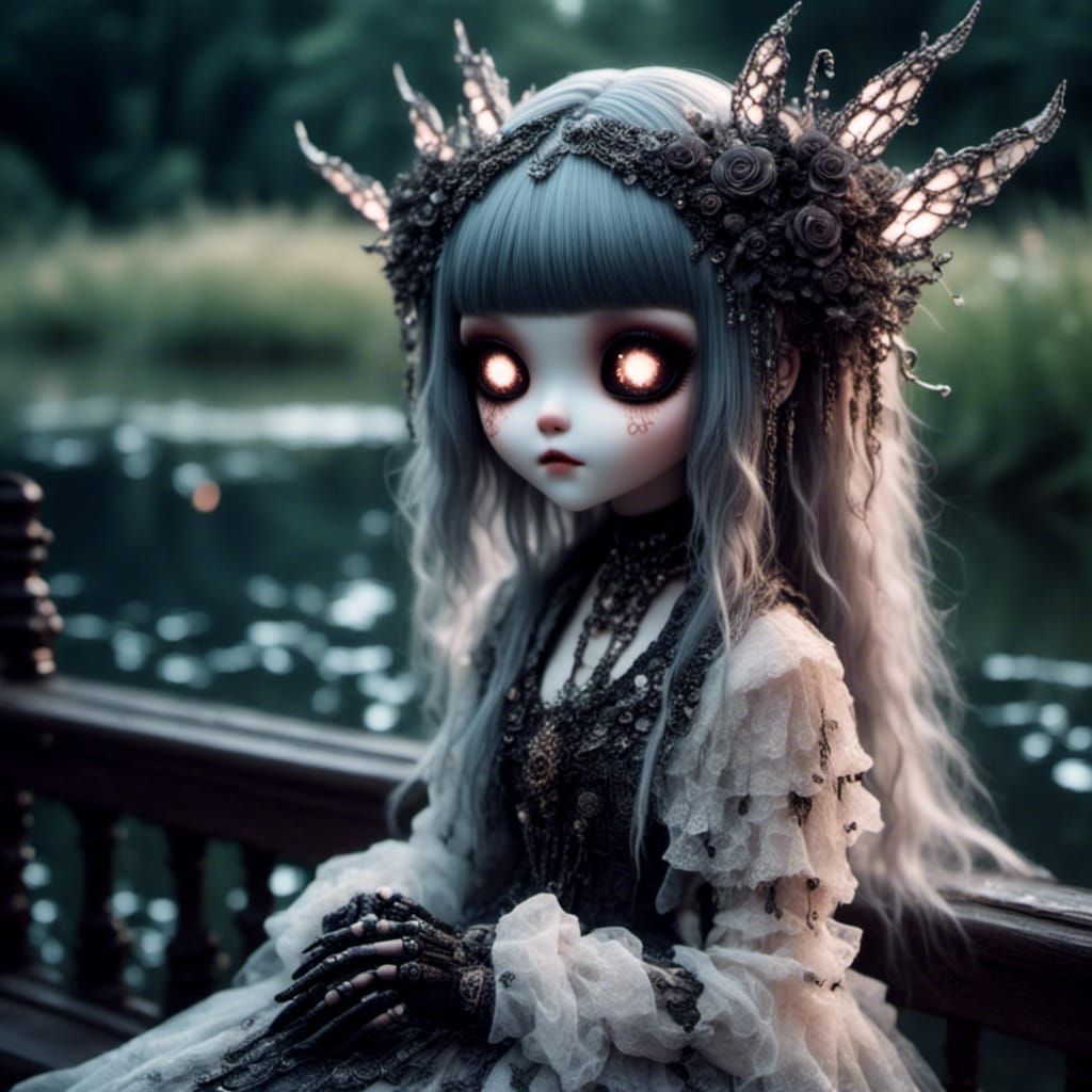Beautiful ethereal glowing cyborg sitting on a bench by a po...