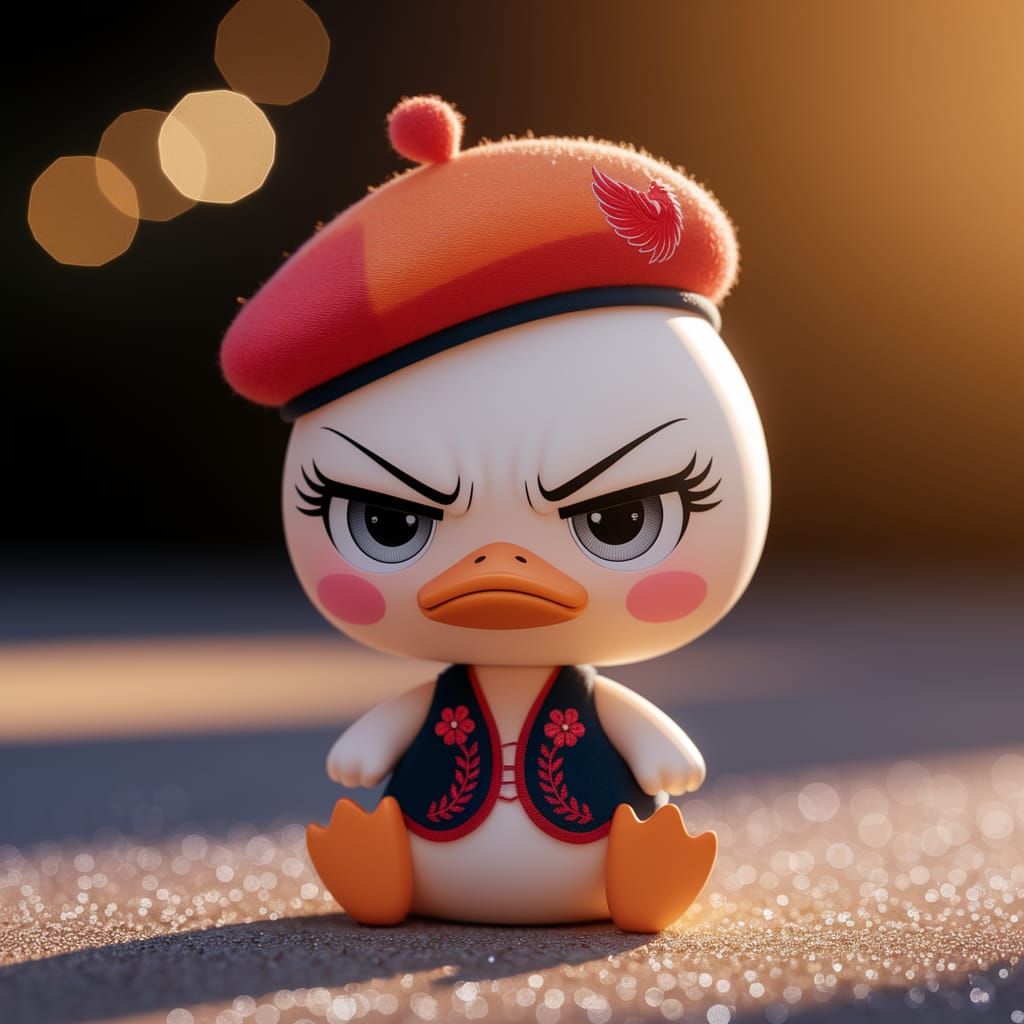 Kawaii Chibi Duck with Beret in Pixar Style