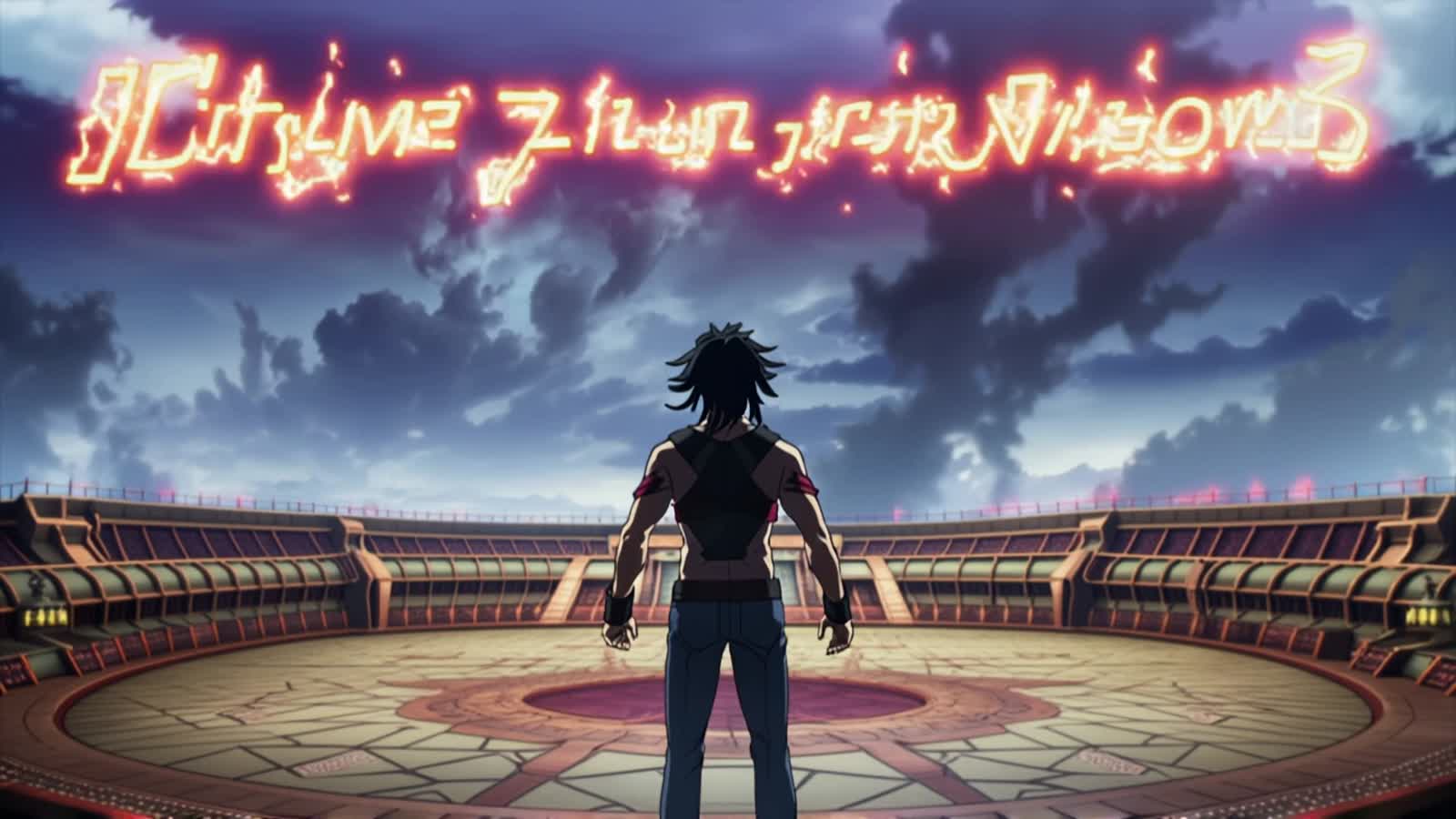 Massive glowing boss fight arena, storm clouds and lightning above, text ‘Starting Soon’ carved in fire across the sky, ...