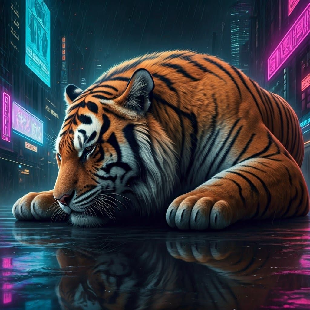 Cyberpunk Tiger in Dystopian Cityscape
