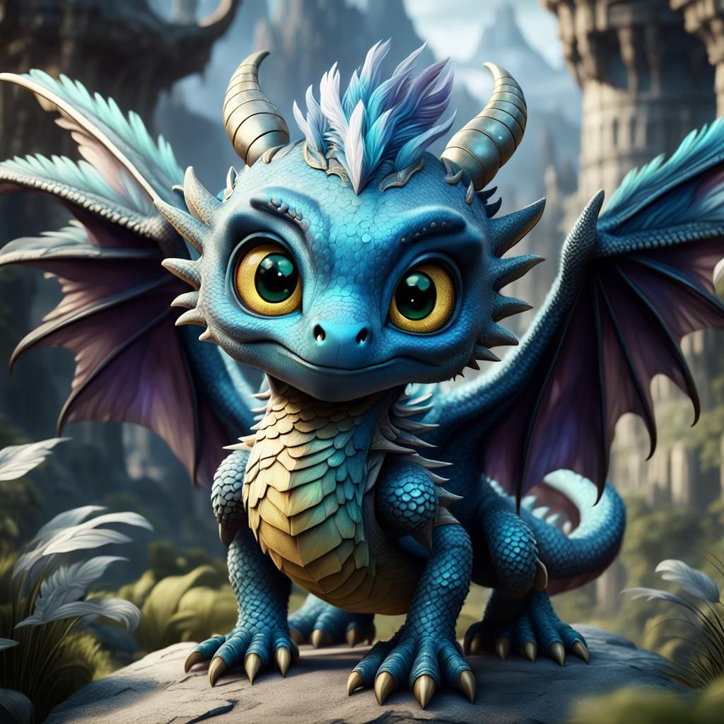 Beautifully Detailed Adorable Dragon with big, round eyes an...
