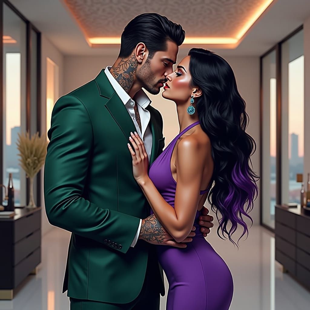 A romantic couple standing in a romantic pose. First charact...