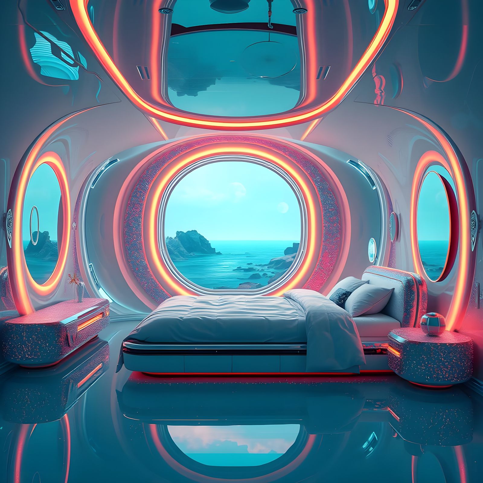 Luxurious Futuristic Ocean Bedroom with Glittering Accents