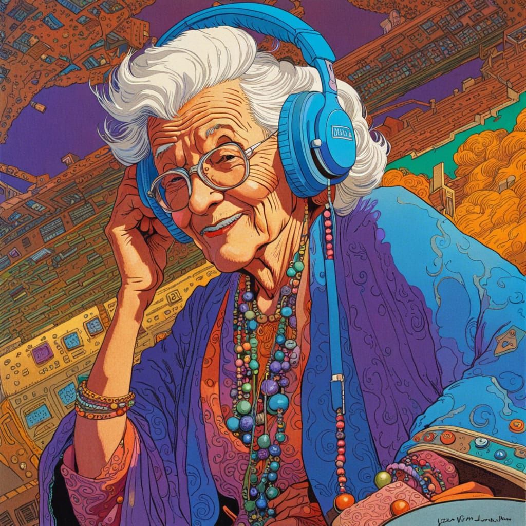 old happy lady listen to her walkman  by @undefined