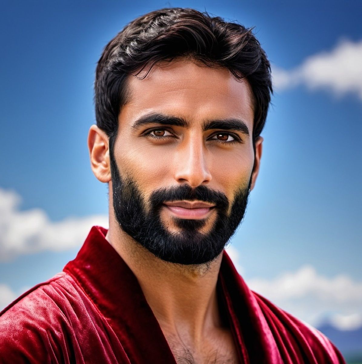 A handsome bearded man wearing a red velours bathrobe