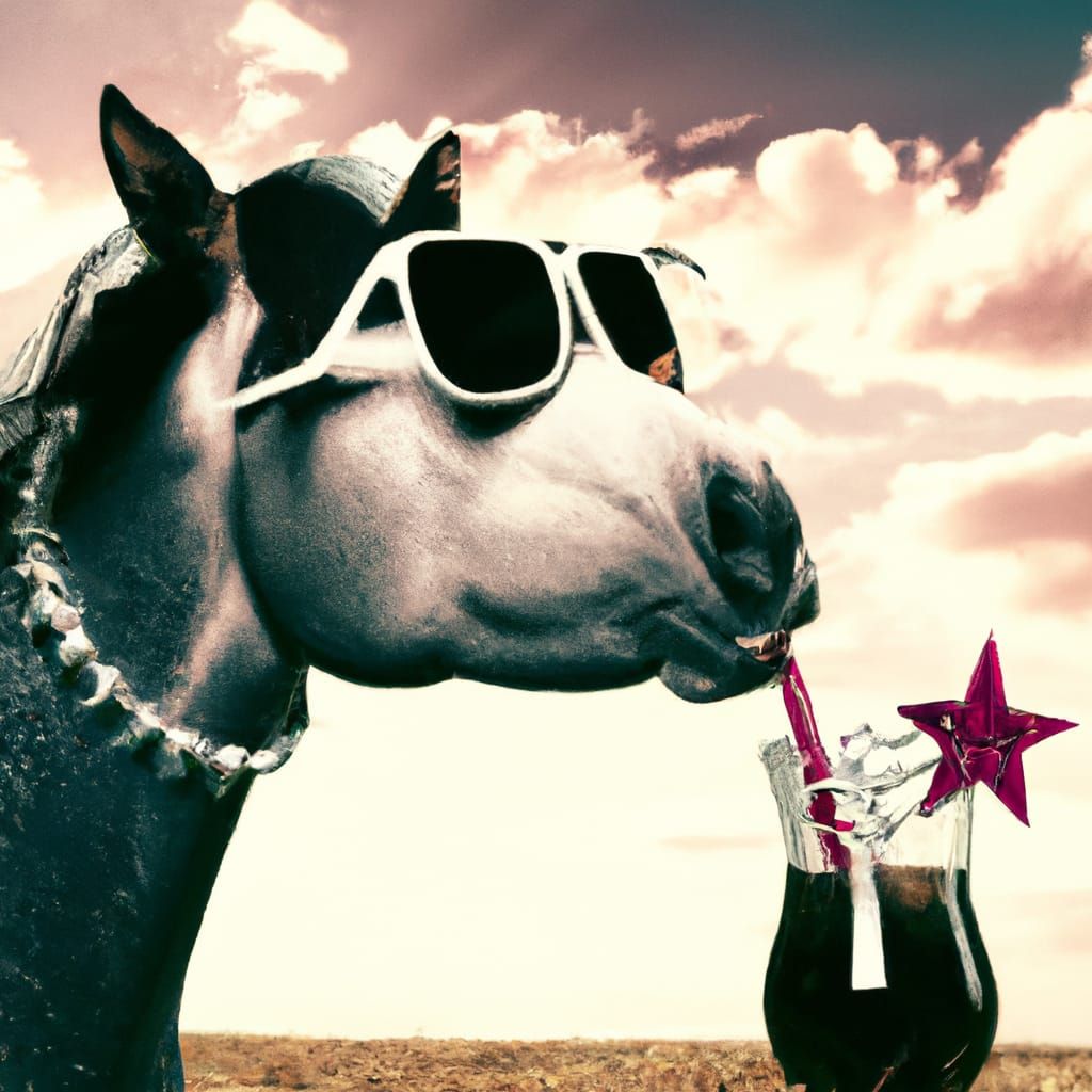 Rock'n Roll Horse Sipping Cocktail in Epic Landscape