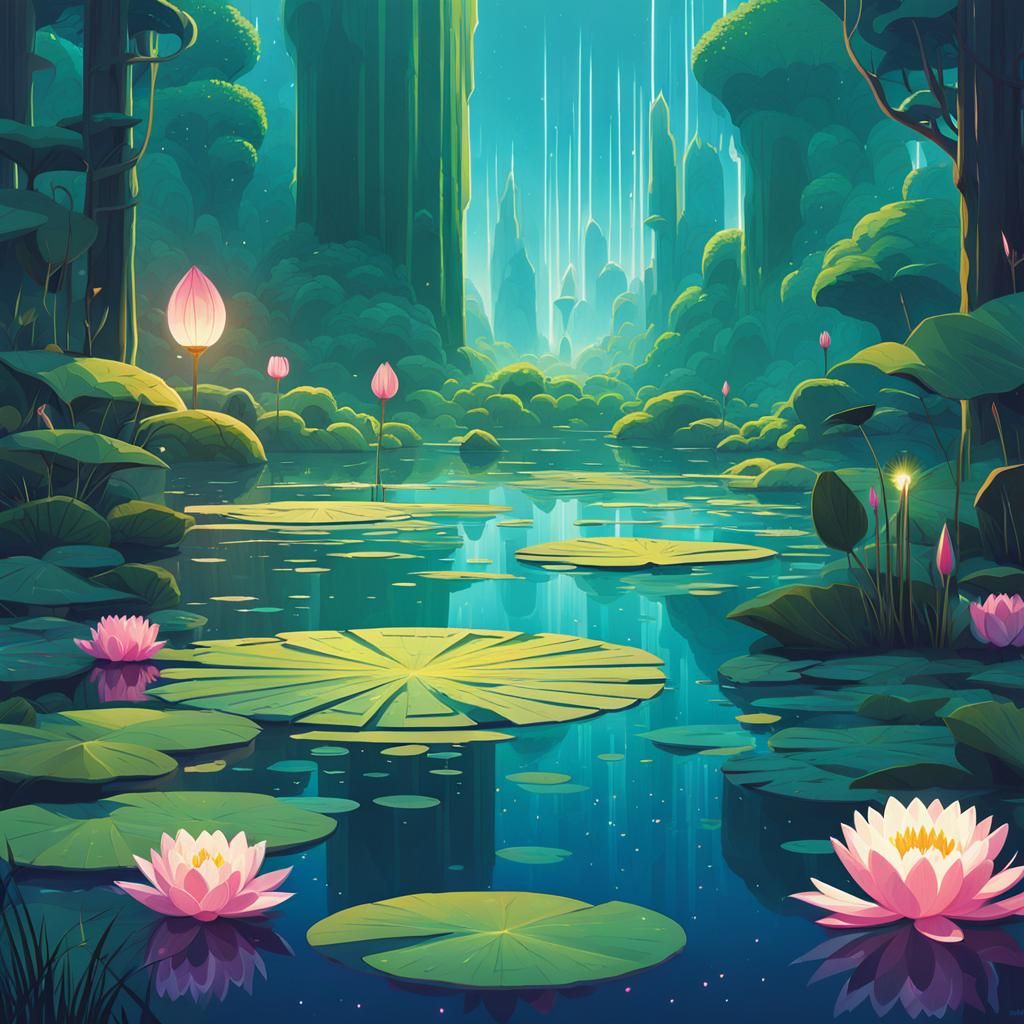 Fantasy Sci-Fi Water Lily Pond Digital Painting