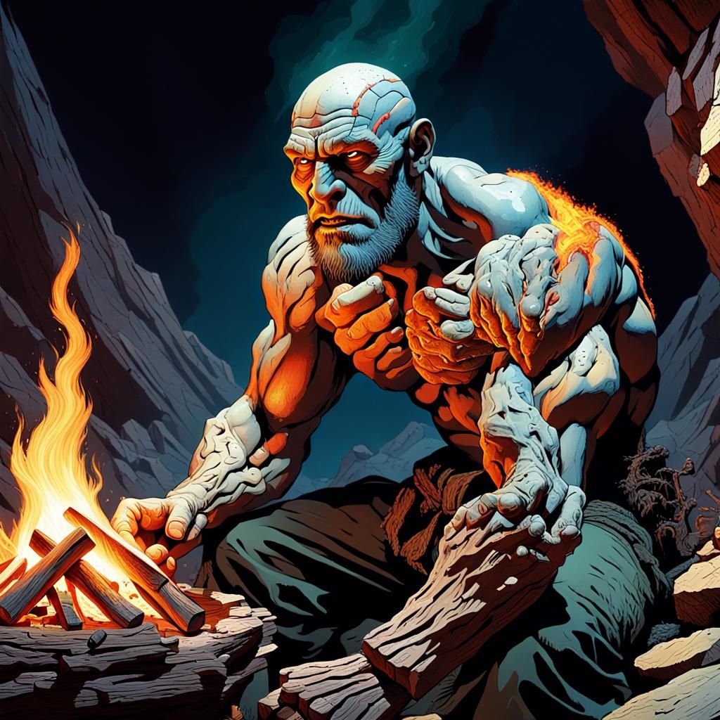 Disfigured, scarred face half giant making the campfire in h...