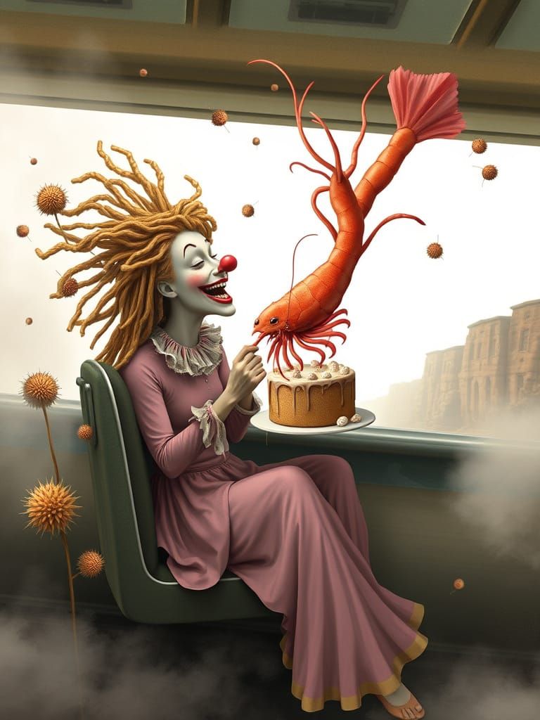 LADY CLOWN FLOATING IN THE AIR LAUGHING, EATING A FANCY CAKE, WITH A GIANT SHRIMP