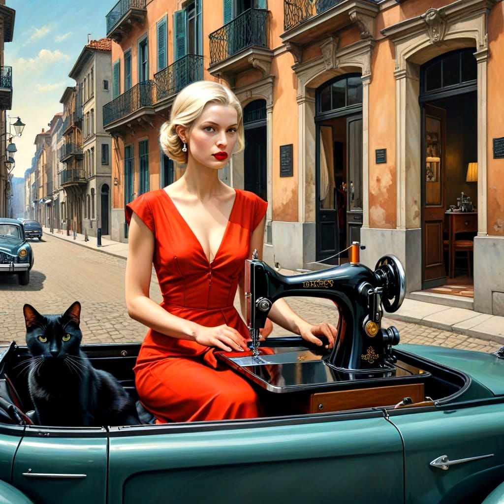 Sophisticated Lady in Antique Luxury Car with Black Cat and ...