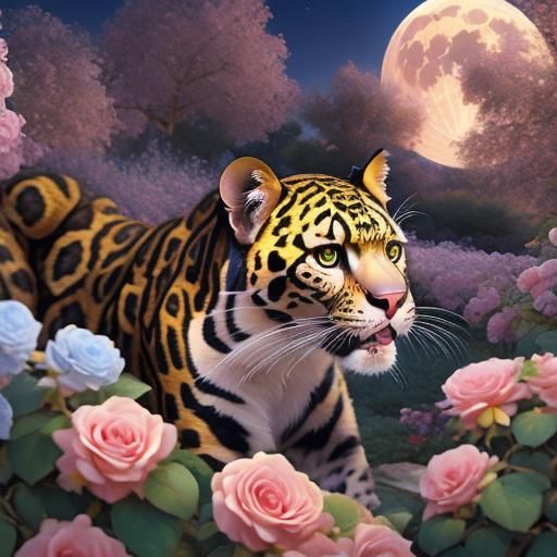 Breathtaking Clouded_Leopard in a rose garden under the full moon <lora:Moonlight Garden:1.0> enhanced CGI render