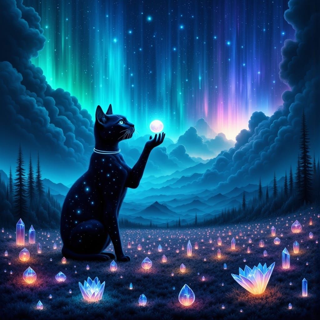 Dimension of Dreams: <lora:Abstract Reality:1.0> On a mystical plain, with strange flowers, large crystals and floating glowing orbs, a luminous black cat with f...