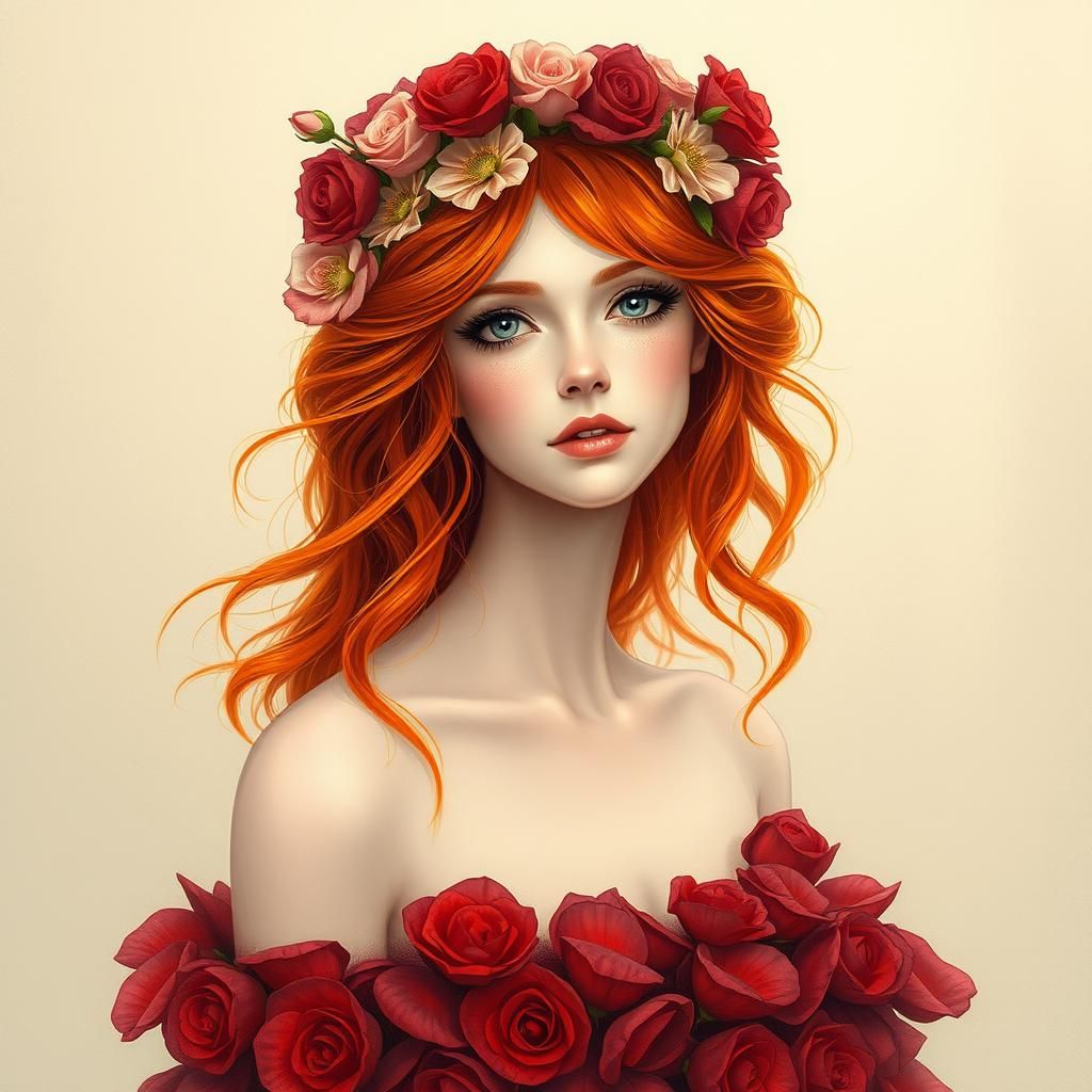 A beautiful red head, with a flower crown, wearing a dress made of rose petals  by @Jim