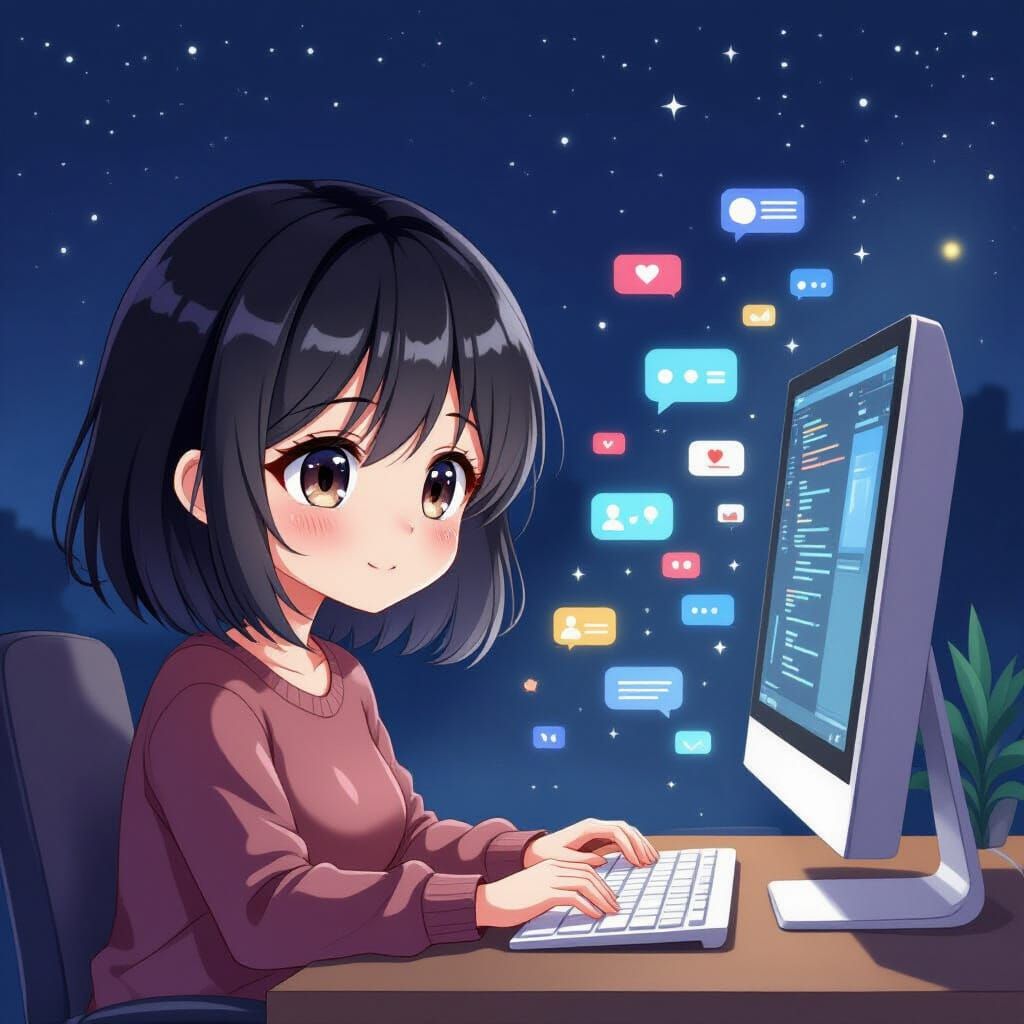Anime Chibi Woman Working Late At Computer