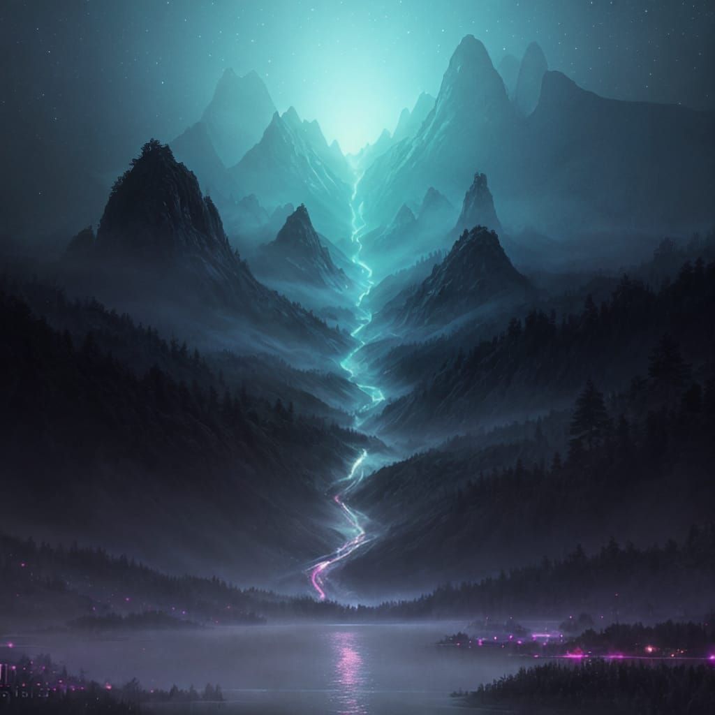 holographic elaborate realism vector illustration, misty lak...