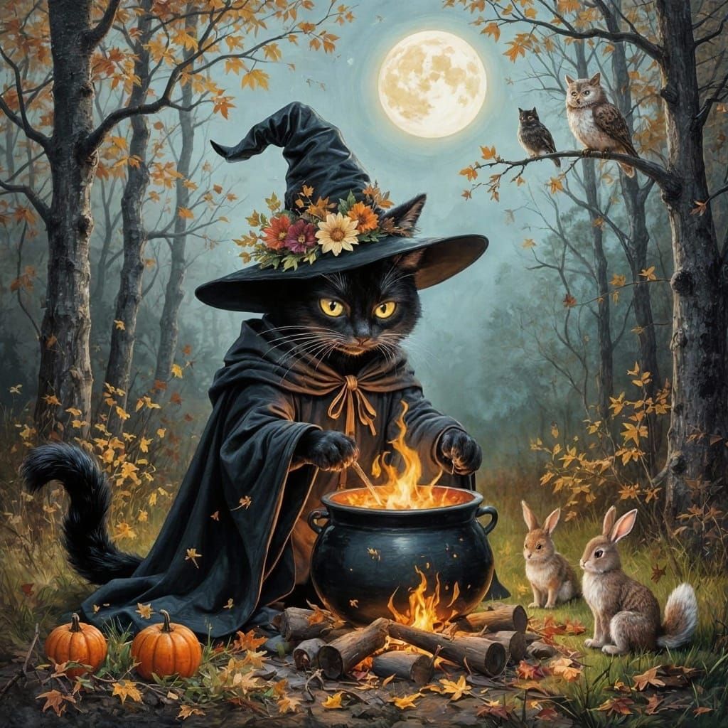 Come and Ger It! : In a clearing in a fall forest, a black cat wearing a witch’s robes and hat decorated with fall flowers and leaves stirs a cauldron over a c...