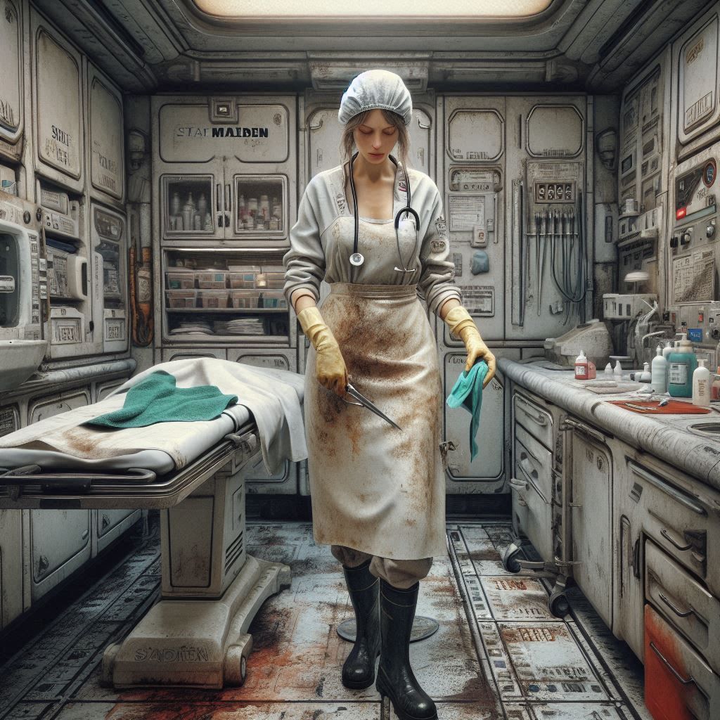 The doc has just performed surgery in the medical bay of an old spacefreighter and is now cleaning up the mess (1)