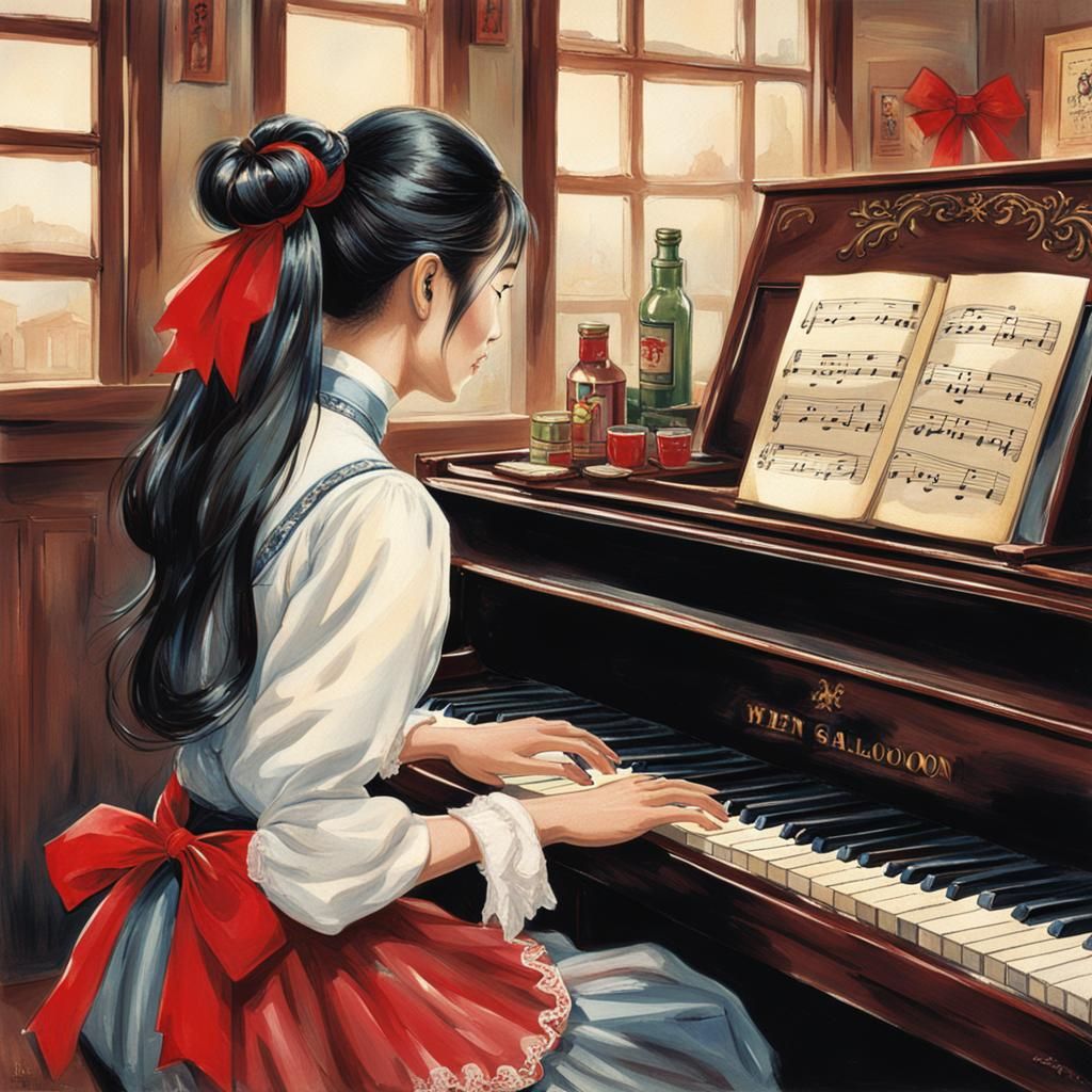 Short Korean female with long dark hair tied back with red r...
