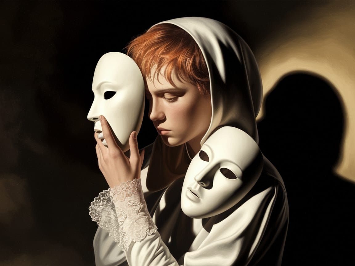Oil Painting of Person with Masks and Hidden Identity