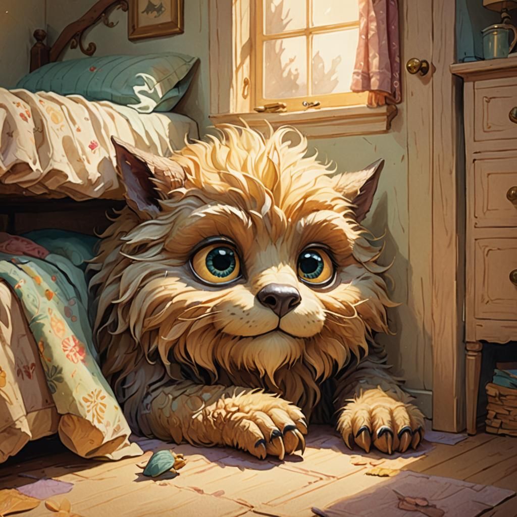 A shy monster hides under a bed corner. The monster has big, gentle eyes and fuzzy fur. It looks more cuddly than frightening in dim light.