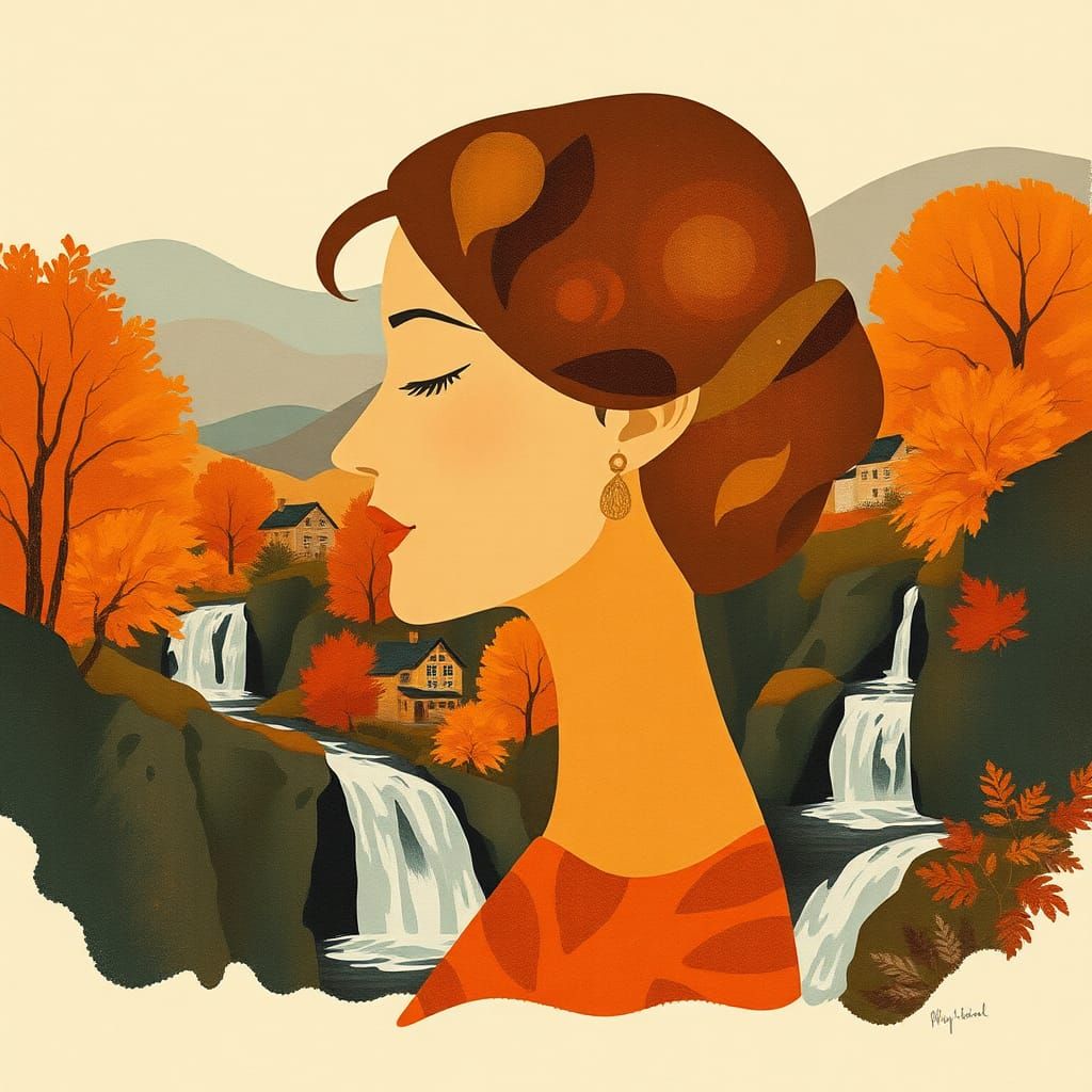 Autumnal Woman Silhouette in Paper Collage Style