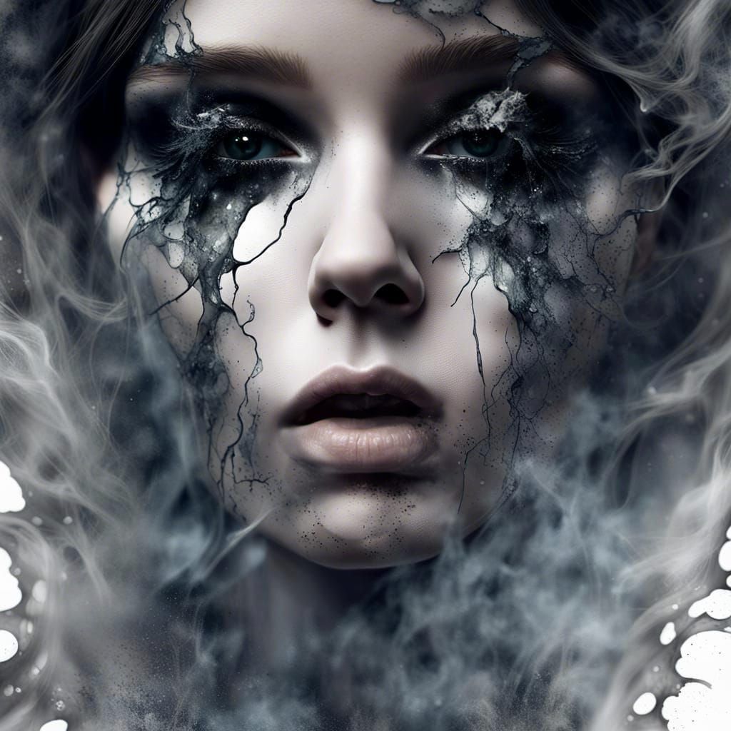 Broken and shattered girl made of shimmering glass with smoke seeping ...