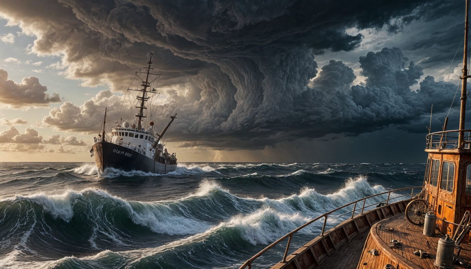 Fishing Trawler Navigates Raging Sea in Contrasting Light