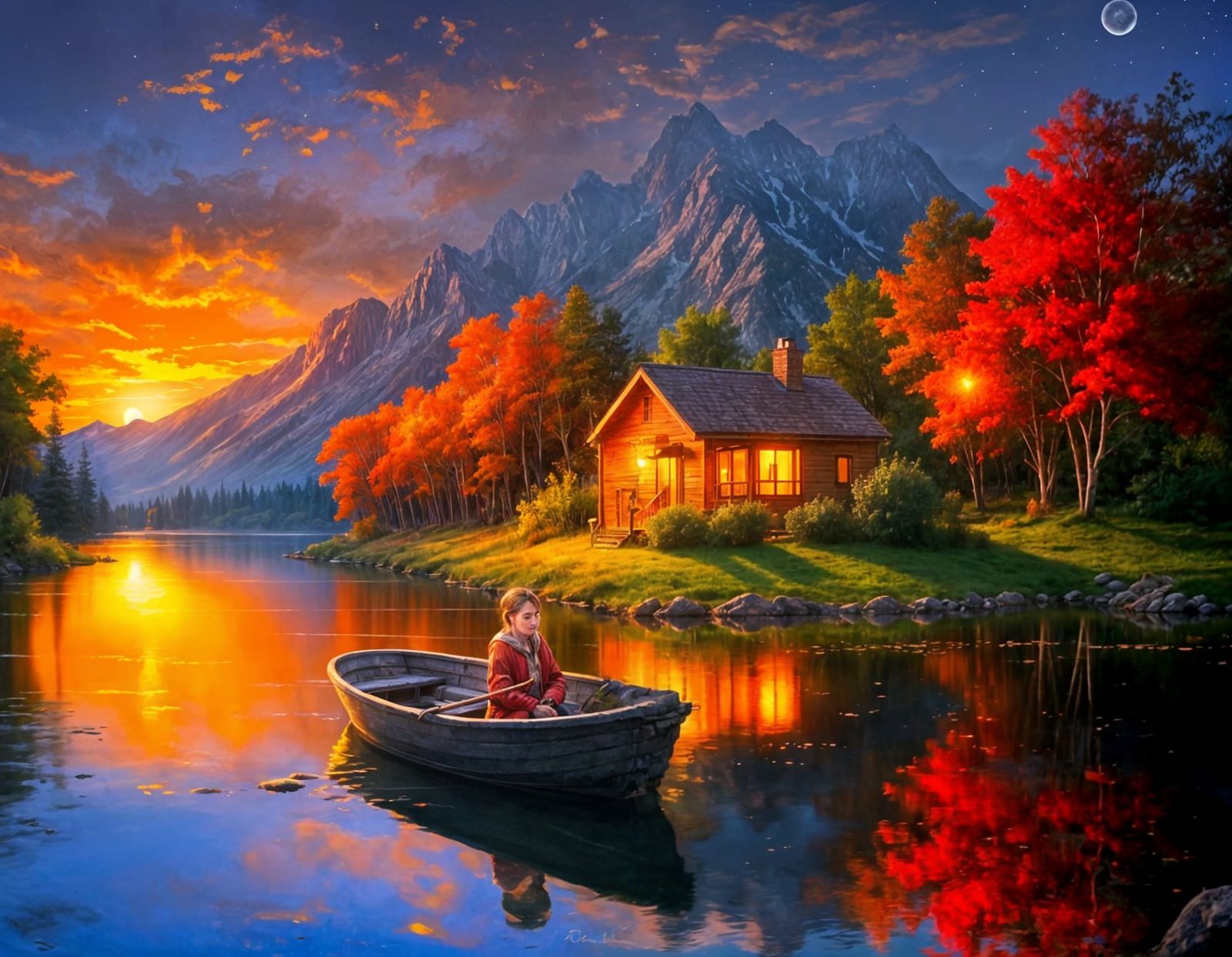 Crimson-Gold Mountains Under Moonlight With Tranquil Lake