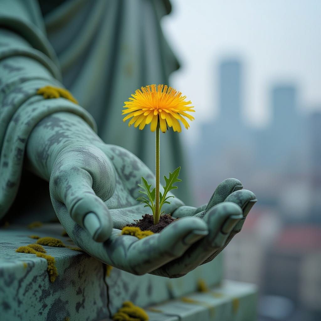 Dandelion's Resilience: Flower Sprouts from Stone Hand