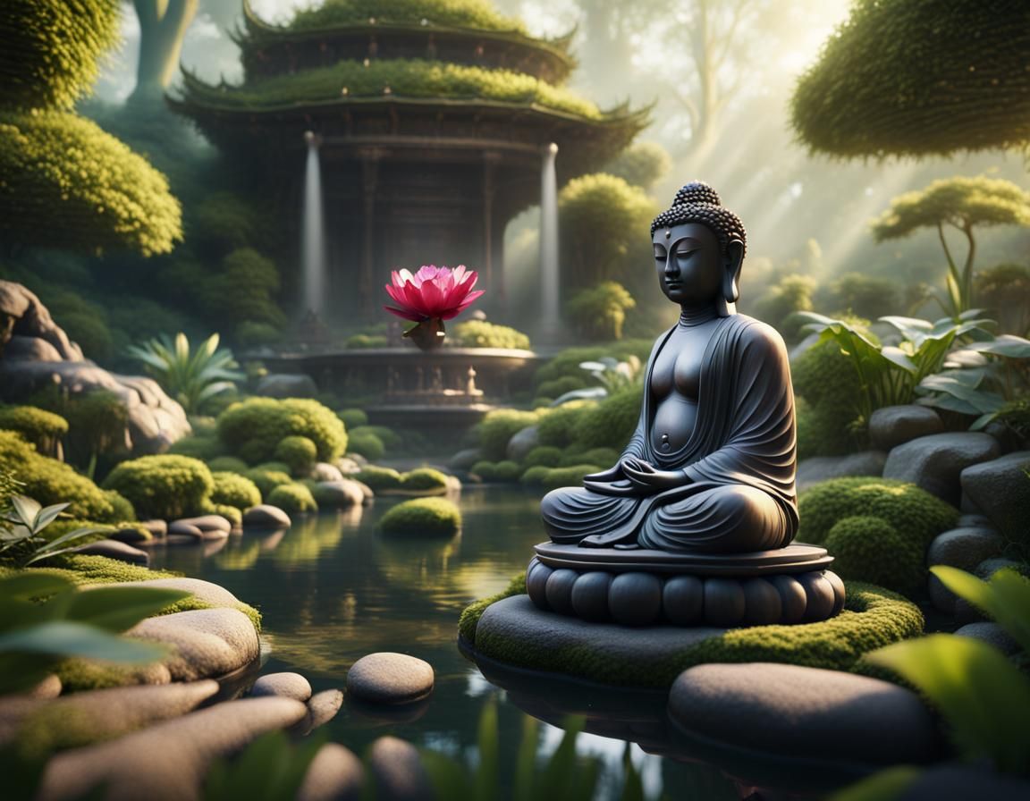 Buddha meditation statue in a lush zen garden, stream, perfect anatomy, perfect sunlight, great composition