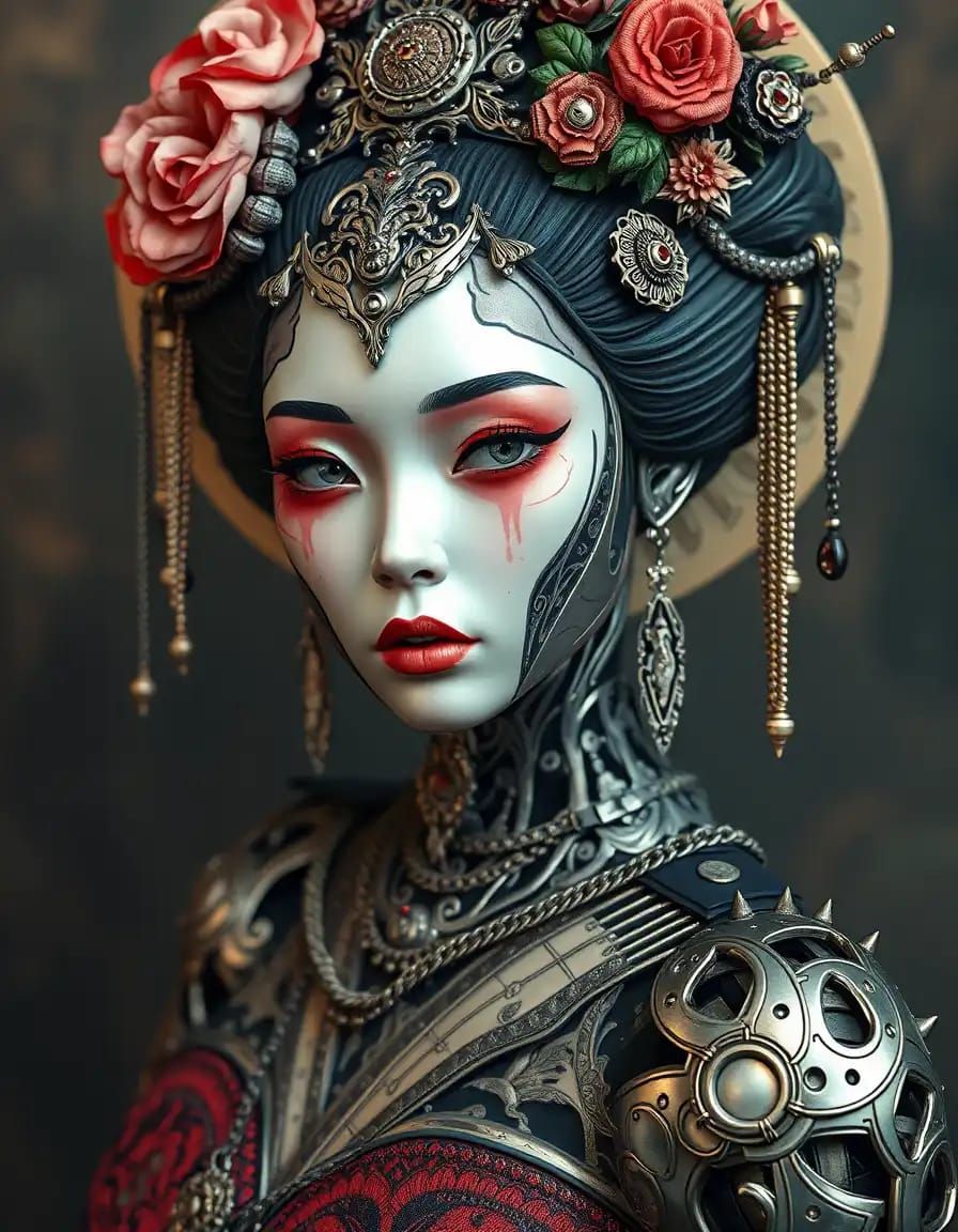 An image of a mesmerizing, cyborg geisha