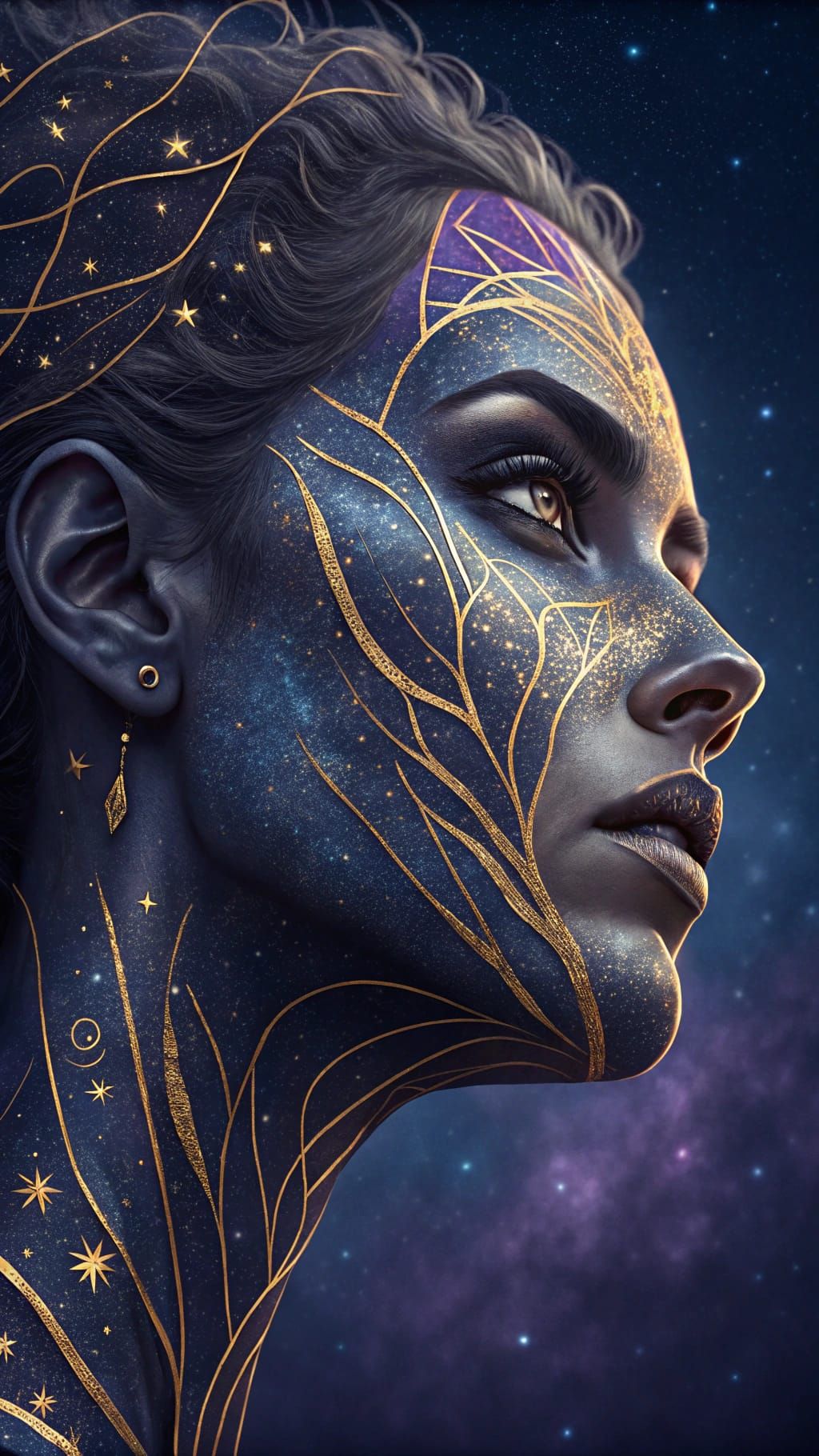 Cyberpunk Goddess in Shattered Gold and Dark Blues