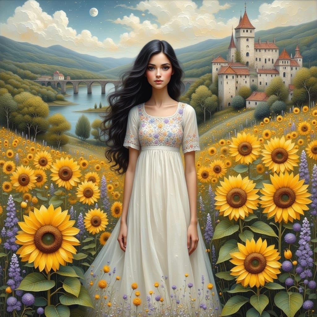 Elegant Dark Haired Woman in Whimsical Art Nouveau Landscape